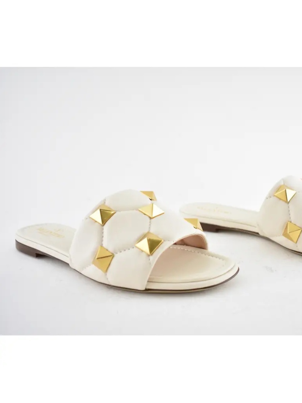 Valentino Rockstud Roman Stud Ivory Gold Leather Quilted Slide Slip Sandal 36